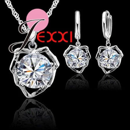 Vintage Trendy Female 925 Sterling Silver Jewelry Sets Women Gifts Fashion Cubic Zircon Crystal Necklace Drop Earrings Sets