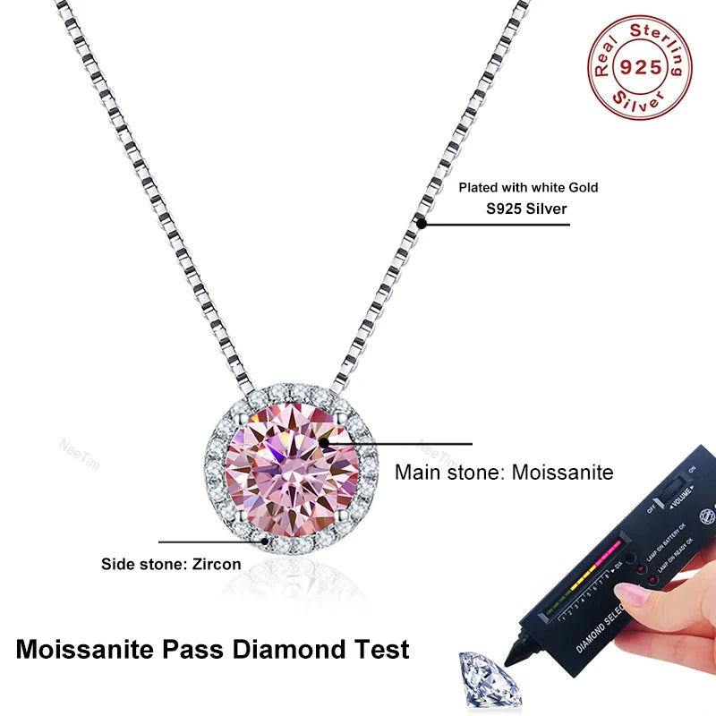 NeeTim 0.5ct 1ct Pink Blue Black Colorful Moissanite Necklaces for Women 925 Sterling Silver Box Chian Pendant Woman's Necklace