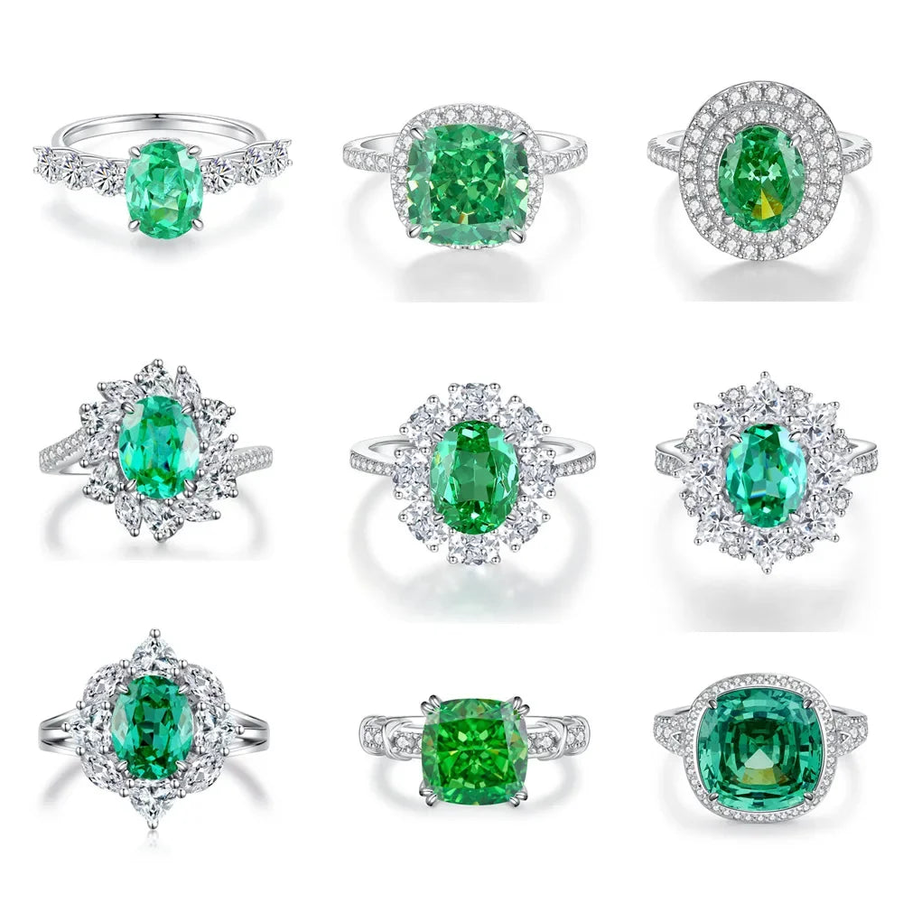 Women's Emerald Ring with High Carbon Diamond & 5A Zircon Pure S925 Silver Ice Flower Cut Wood Color Scheme Jewelry