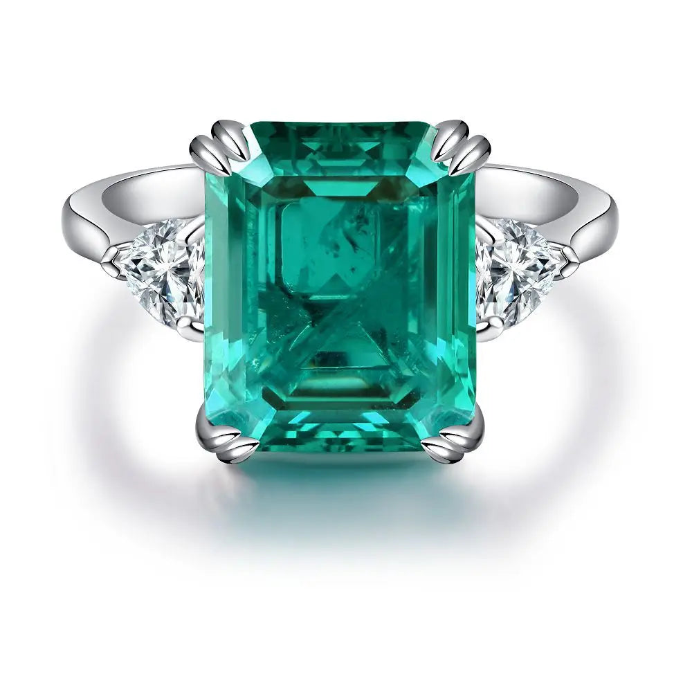 Women's Emerald Ring with High Carbon Diamond & 5A Zircon Pure S925 Silver Ice Flower Cut Wood Color Scheme Jewelry