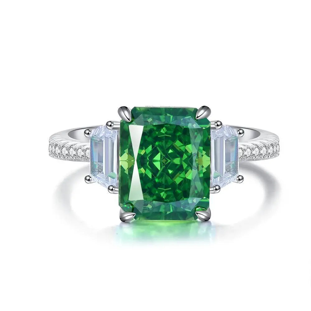 Women's Emerald Ring with High Carbon Diamond & 5A Zircon Pure S925 Silver Ice Flower Cut Wood Color Scheme Jewelry