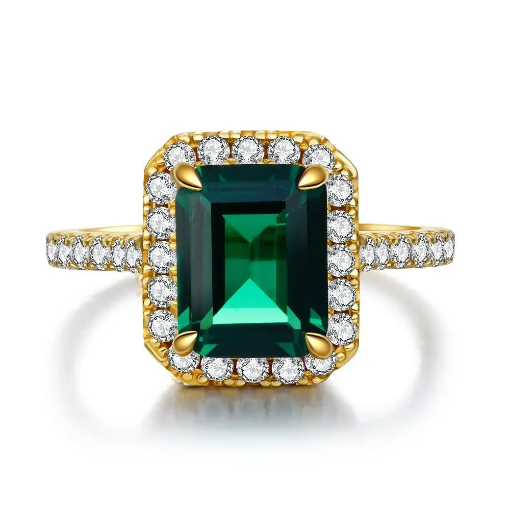 Women's Emerald Ring with High Carbon Diamond & 5A Zircon Pure S925 Silver Ice Flower Cut Wood Color Scheme Jewelry