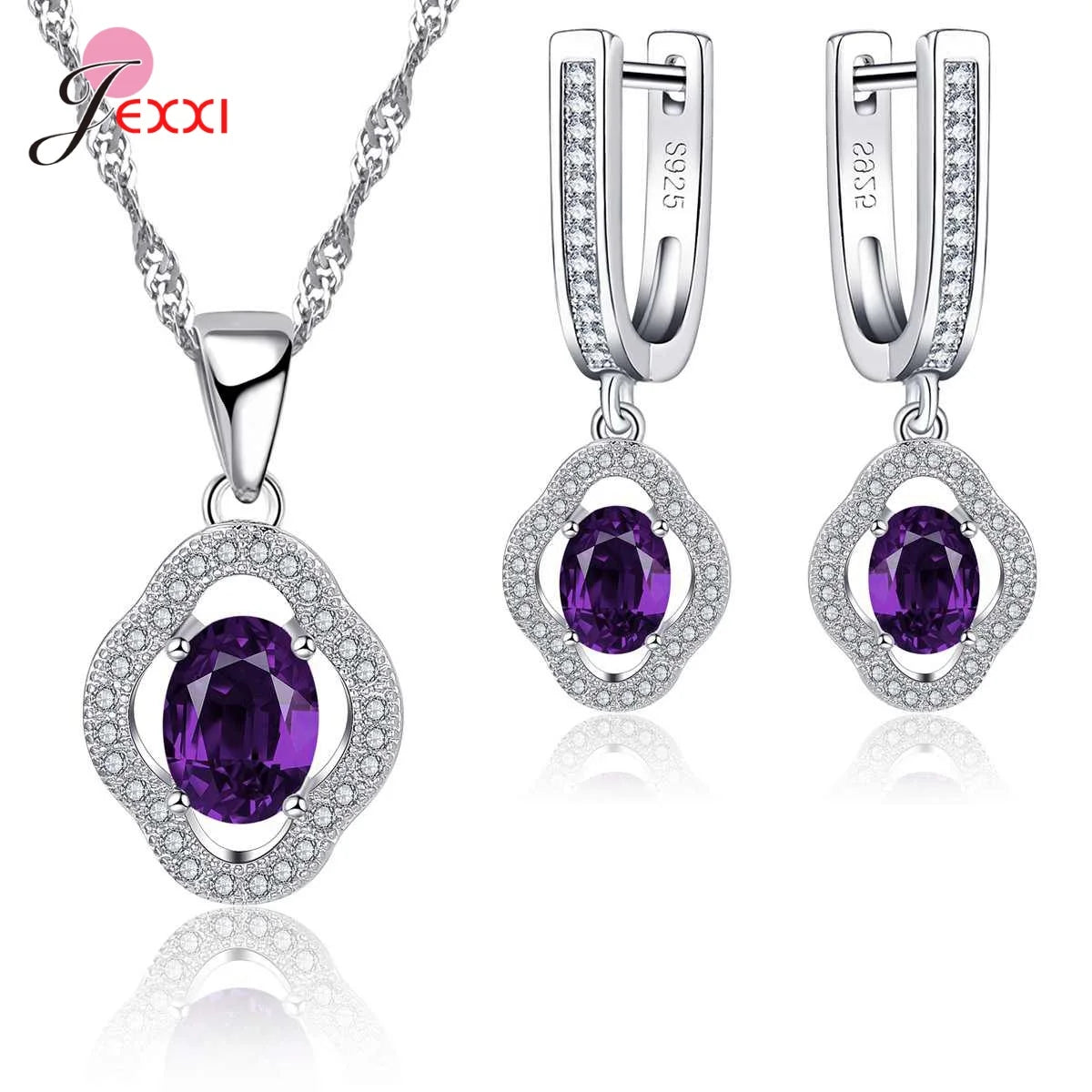 Vintage Trendy Female 925 Sterling Silver Jewelry Sets Women Gifts Fashion Cubic Zircon Crystal Necklace Drop Earrings Sets