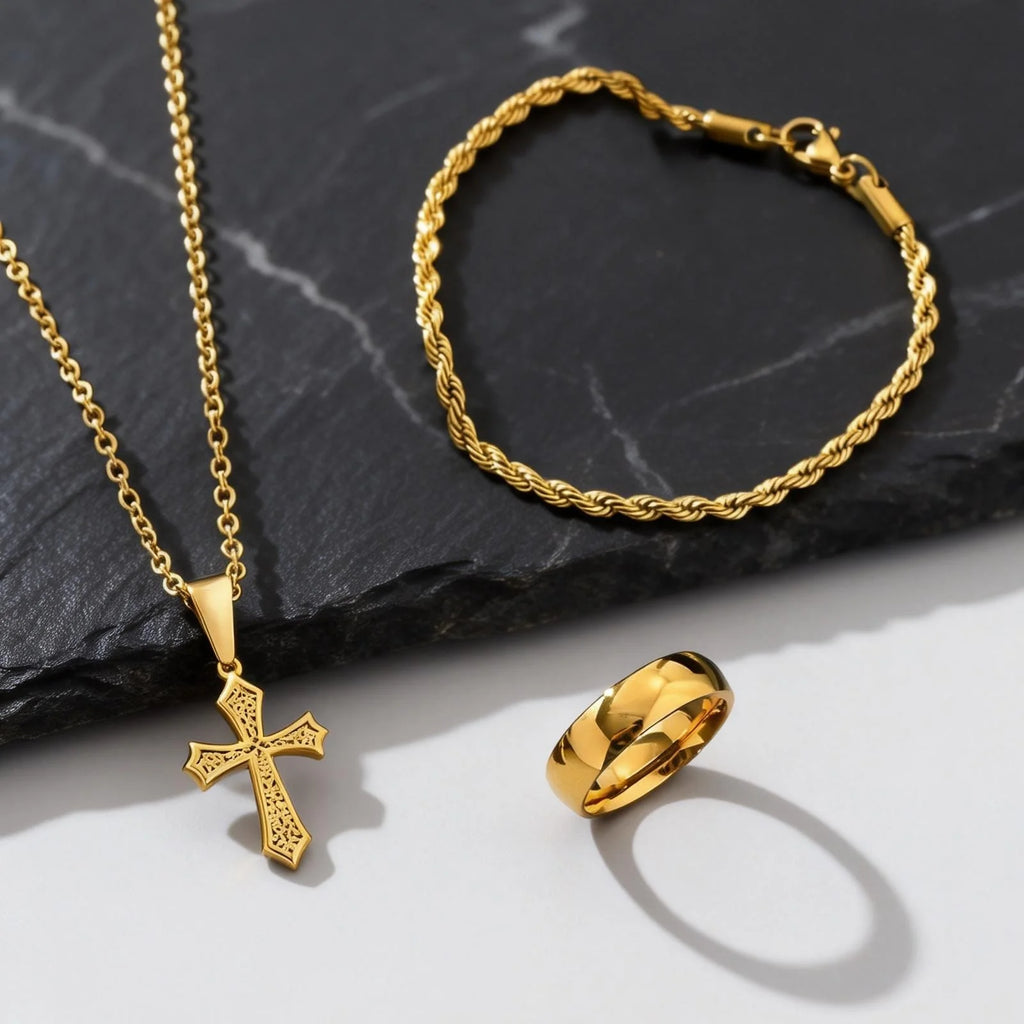 3pcs/set Men's Stylsh Cross Necklace Set,Stainless Steel Twistd Rope Chain Wristband,Cool Hip Hop Jewelry Set Gift