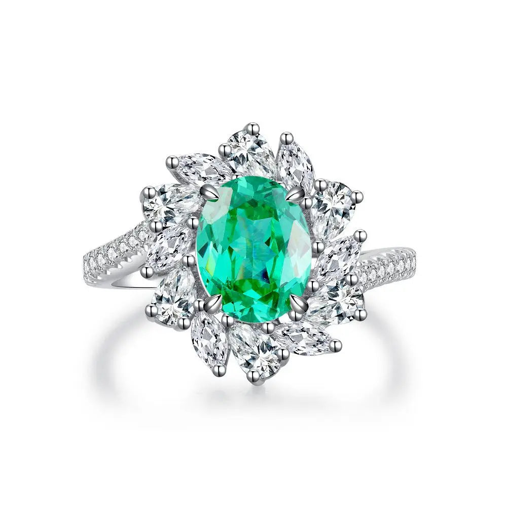 Women's Emerald Ring with High Carbon Diamond & 5A Zircon Pure S925 Silver Ice Flower Cut Wood Color Scheme Jewelry