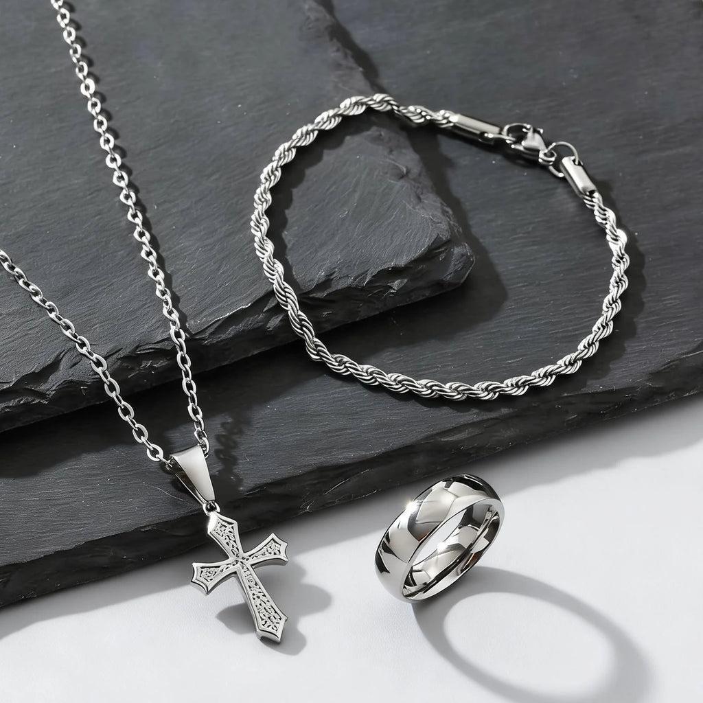 3pcs/set Men's Stylsh Cross Necklace Set,Stainless Steel Twistd Rope Chain Wristband,Cool Hip Hop Jewelry Set Gift