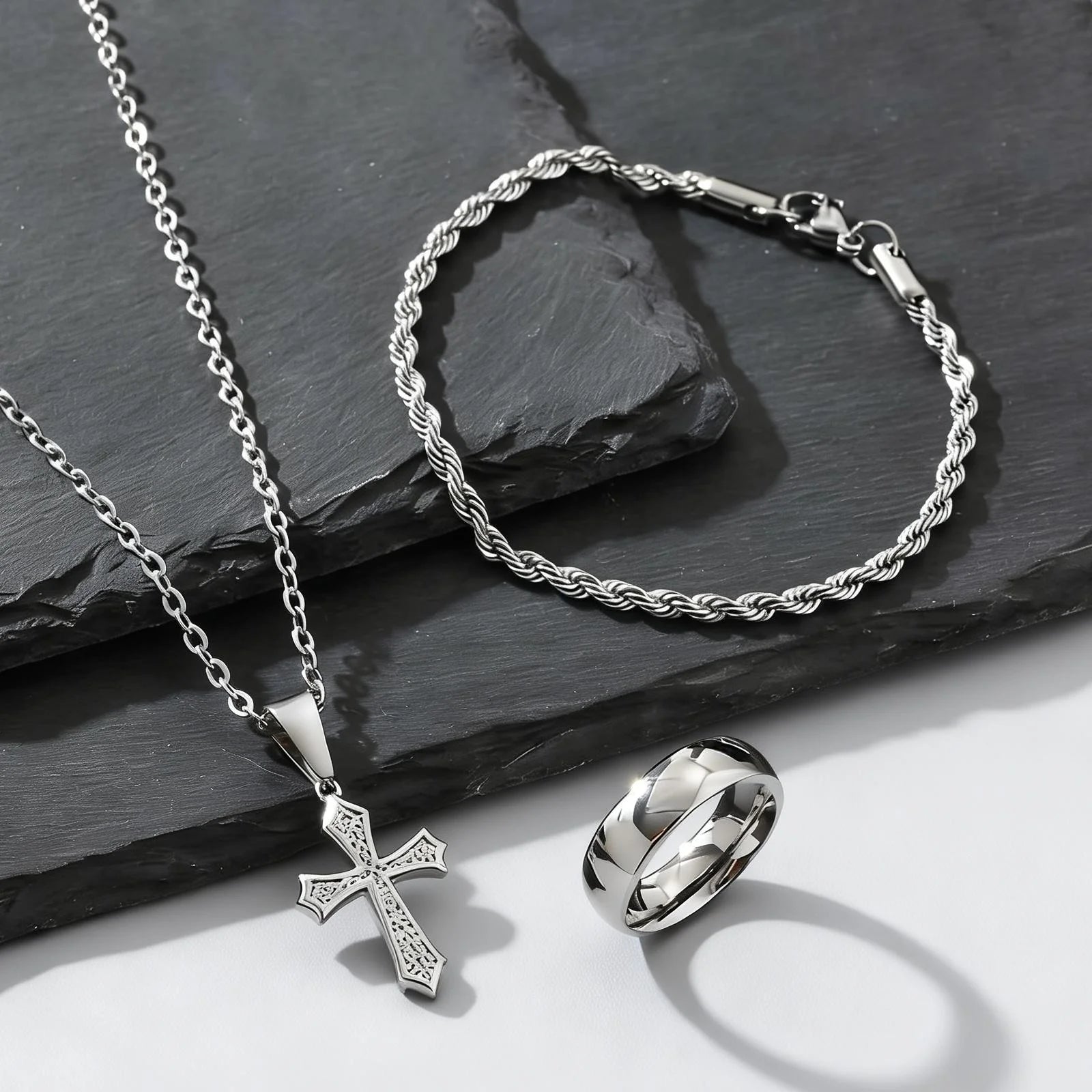 3pcs/set Men's Stylsh Cross Necklace Set,Stainless Steel Twistd Rope Chain Wristband,Cool Hip Hop Jewelry Set Gift