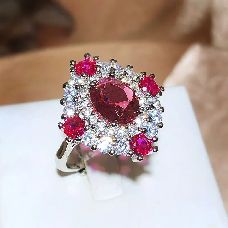Vintage Ruby Rose Red Pendant Ring Crystal 925 Sterling Silver Long Jewelry for Wedding Gift to Girlfriend Luxury Geometric Zircon