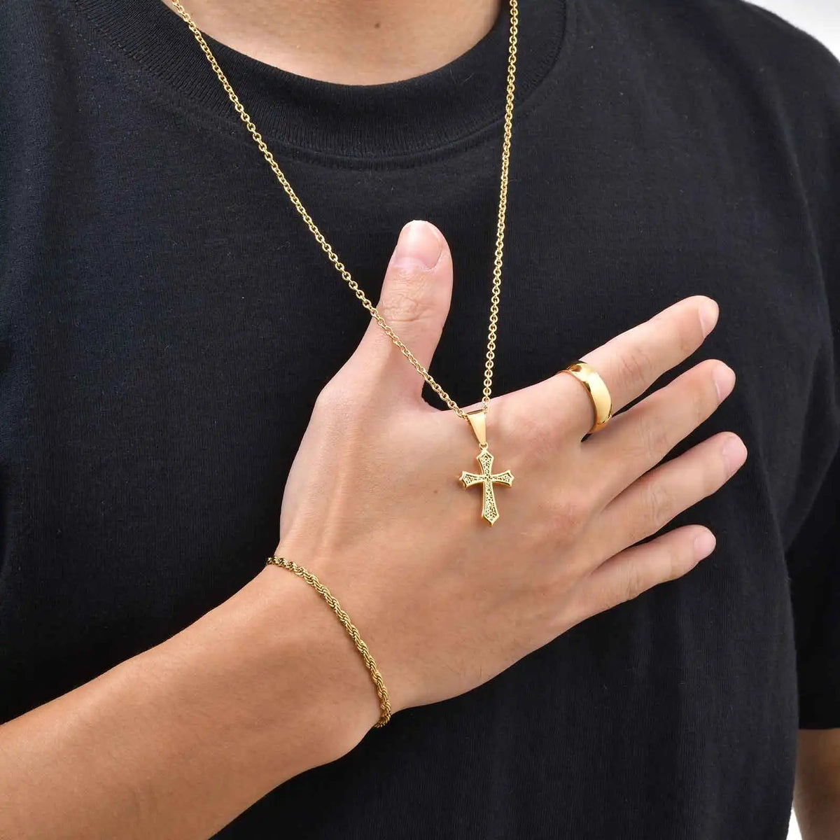 3pcs/set Men's Stylsh Cross Necklace Set,Stainless Steel Twistd Rope Chain Wristband,Cool Hip Hop Jewelry Set Gift