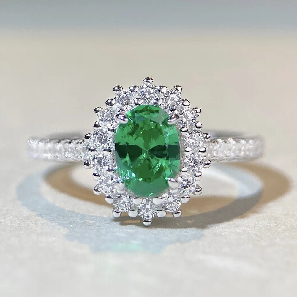 Women's Emerald Ring with High Carbon Diamond & 5A Zircon Pure S925 Silver Ice Flower Cut Wood Color Scheme Jewelry