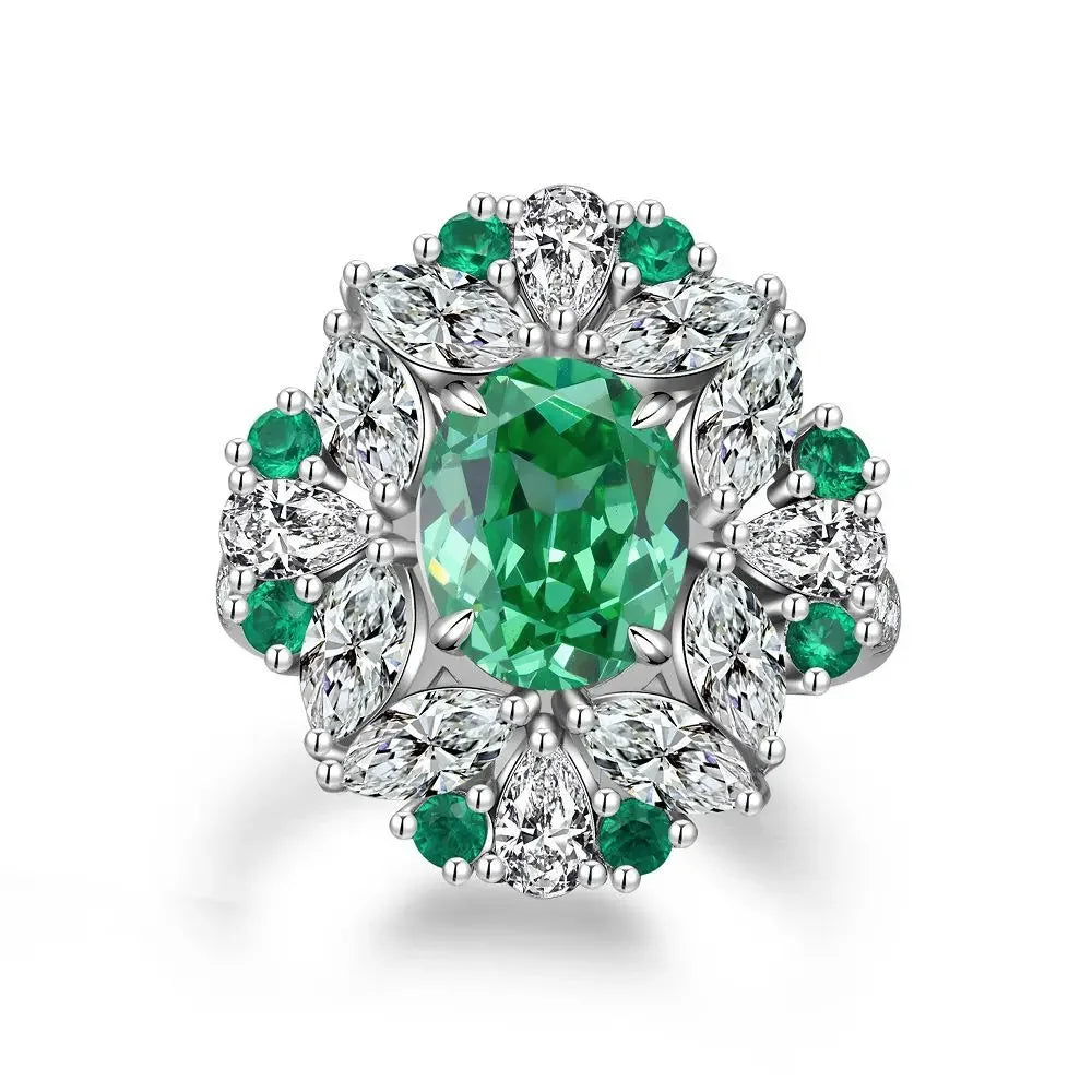 Women's Emerald Ring with High Carbon Diamond & 5A Zircon Pure S925 Silver Ice Flower Cut Wood Color Scheme Jewelry