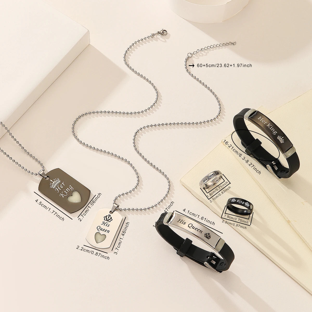6-Piece Set Luminous Heart And Crown Design Her King His Queen Couple Necklace Ring Bracelet Women's Fashion Jewelry Set