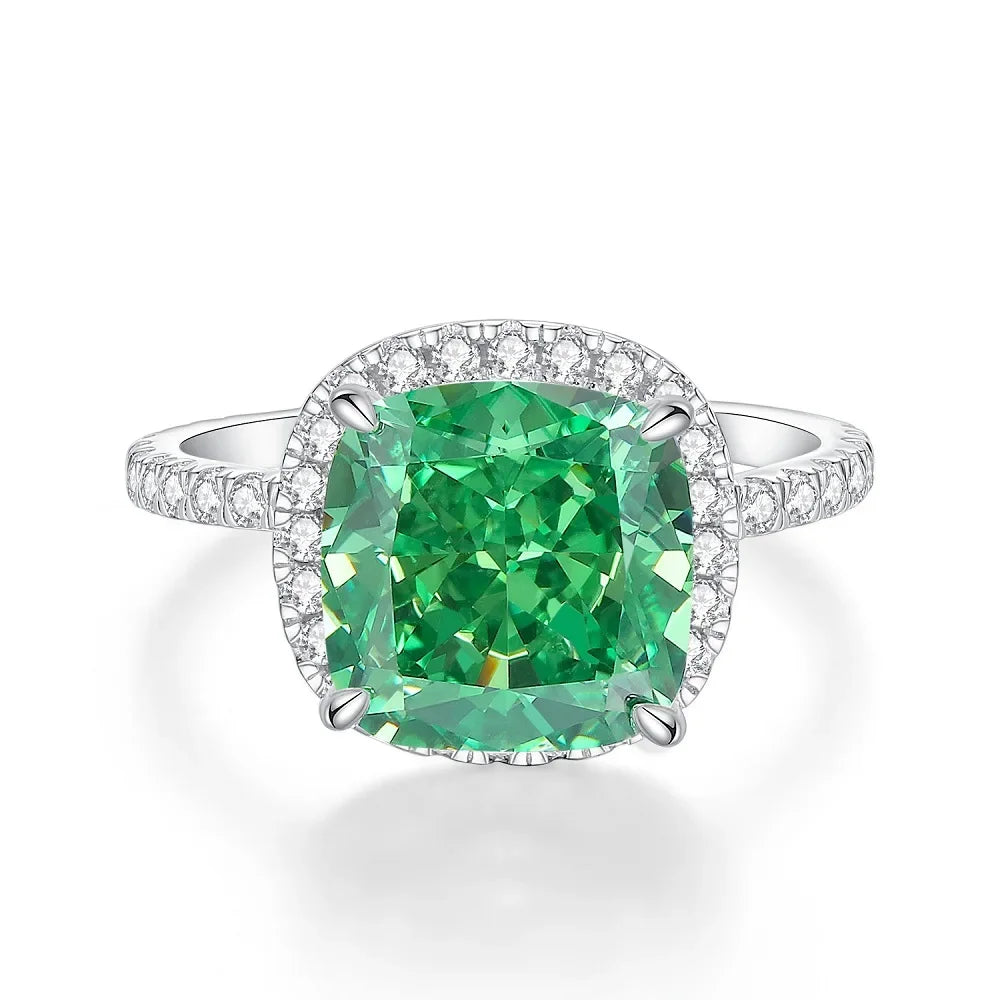 Women's Emerald Ring with High Carbon Diamond & 5A Zircon Pure S925 Silver Ice Flower Cut Wood Color Scheme Jewelry