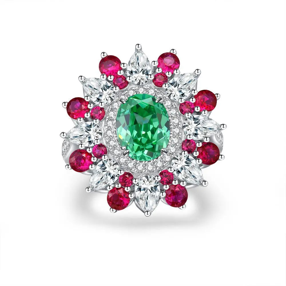 Women's Emerald Ring with High Carbon Diamond & 5A Zircon Pure S925 Silver Ice Flower Cut Wood Color Scheme Jewelry