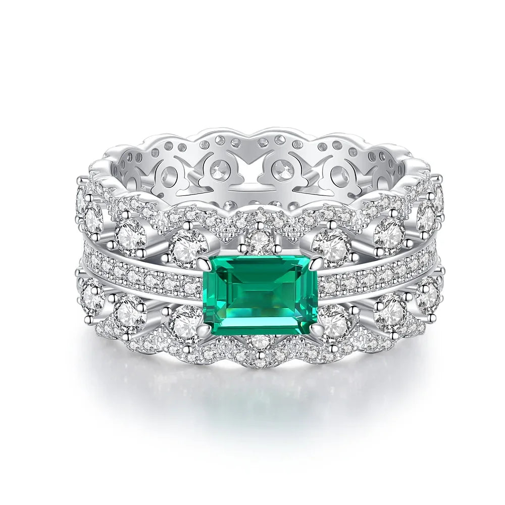 Women's Emerald Ring with High Carbon Diamond & 5A Zircon Pure S925 Silver Ice Flower Cut Wood Color Scheme Jewelry