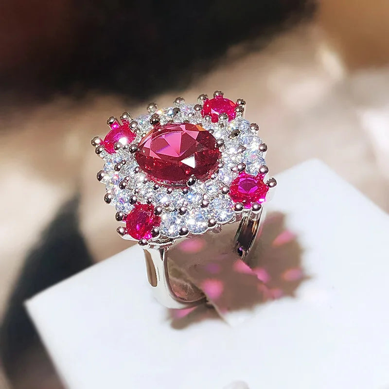 Vintage Ruby Rose Red Pendant Ring Crystal 925 Sterling Silver Long Jewelry for Wedding Gift to Girlfriend Luxury Geometric Zircon