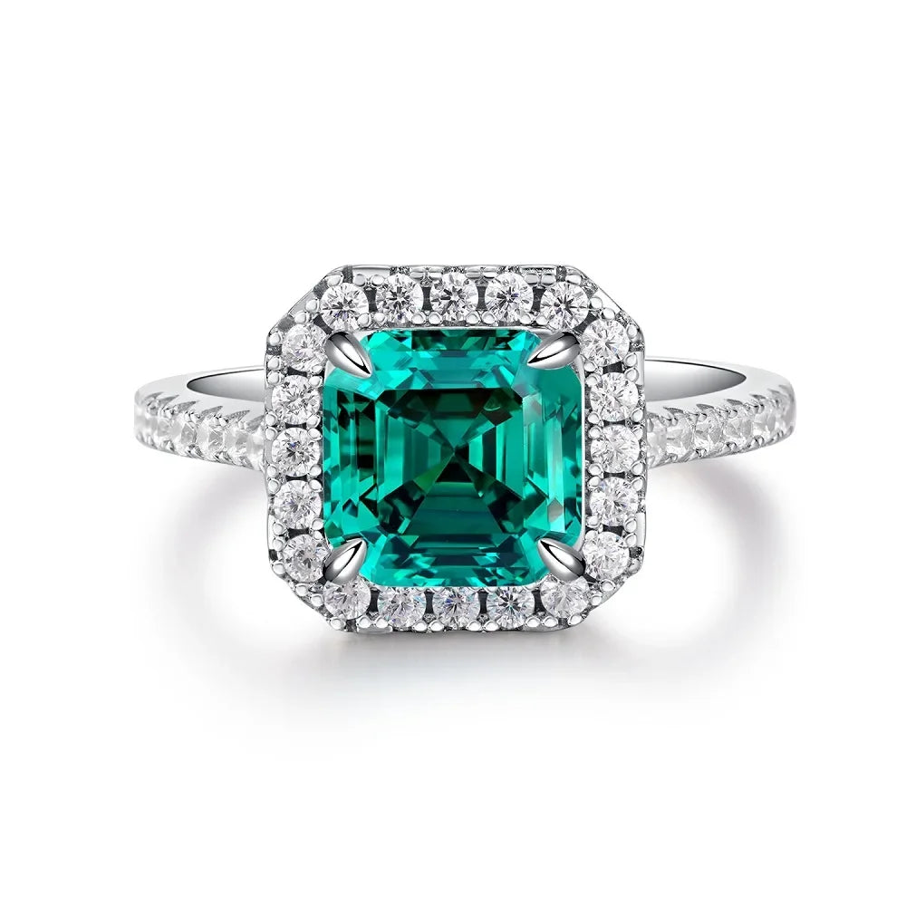 Women's Emerald Ring with High Carbon Diamond & 5A Zircon Pure S925 Silver Ice Flower Cut Wood Color Scheme Jewelry