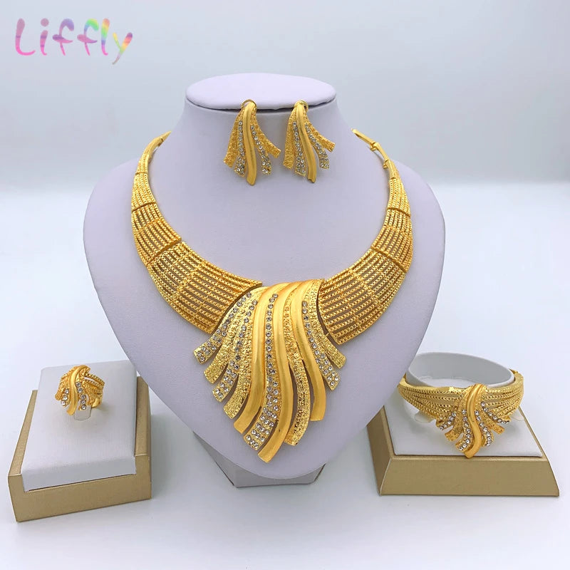 African Dubai 24k Gold Plated Choker Necklace Jewelry Set  for Women Bridal Wedding Crystal Bracelet Earrings Jewellery