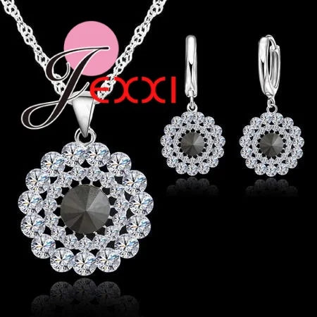 Vintage Trendy Female 925 Sterling Silver Jewelry Sets Women Gifts Fashion Cubic Zircon Crystal Necklace Drop Earrings Sets