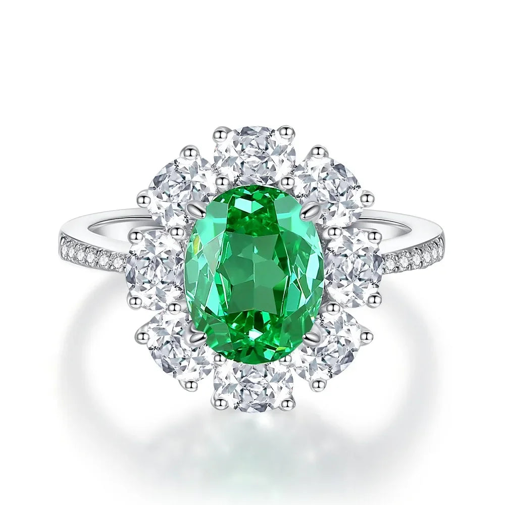 Women's Emerald Ring with High Carbon Diamond & 5A Zircon Pure S925 Silver Ice Flower Cut Wood Color Scheme Jewelry
