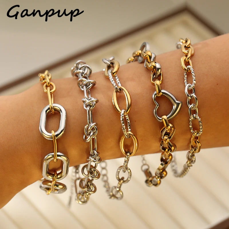 GANPUP 316L Stainless Steel Gold Silver Color Chain Bangle Bracelet For Women Men Trendy Texture Bracelet Waterproof Jewelry