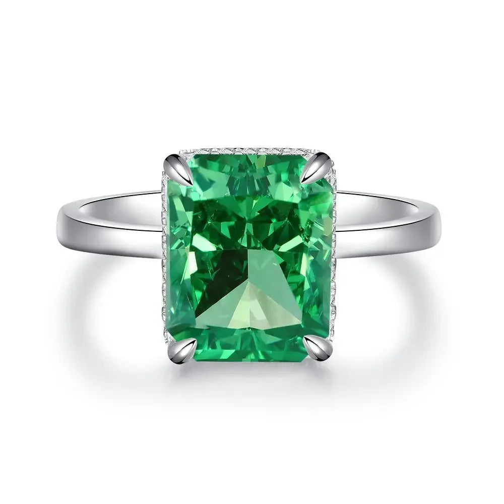 Women's Emerald Ring with High Carbon Diamond & 5A Zircon Pure S925 Silver Ice Flower Cut Wood Color Scheme Jewelry