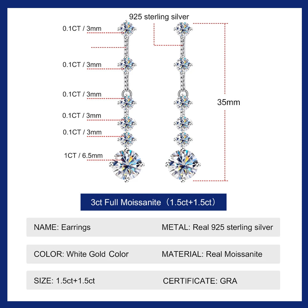 Real Moissanite Long Tassel Earrings For Women Orginal 925 Silver Plate Pt950 3CT Lab Diamond Beating Heart Earring With GRA