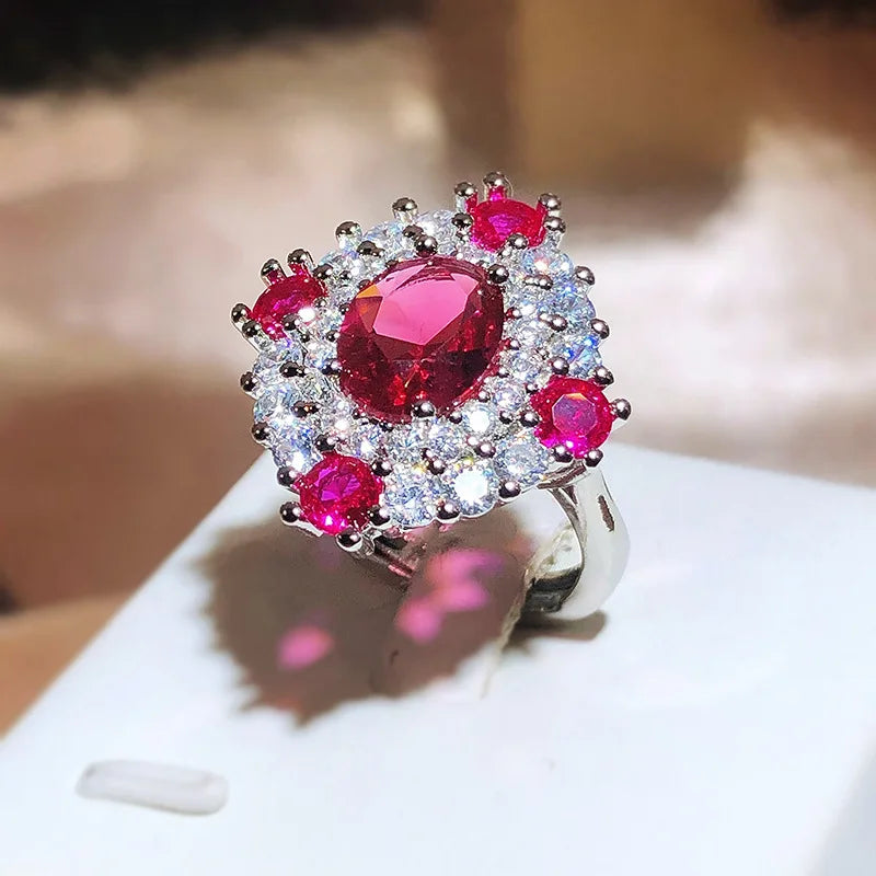 Vintage Ruby Rose Red Pendant Ring Crystal 925 Sterling Silver Long Jewelry for Wedding Gift to Girlfriend Luxury Geometric Zircon