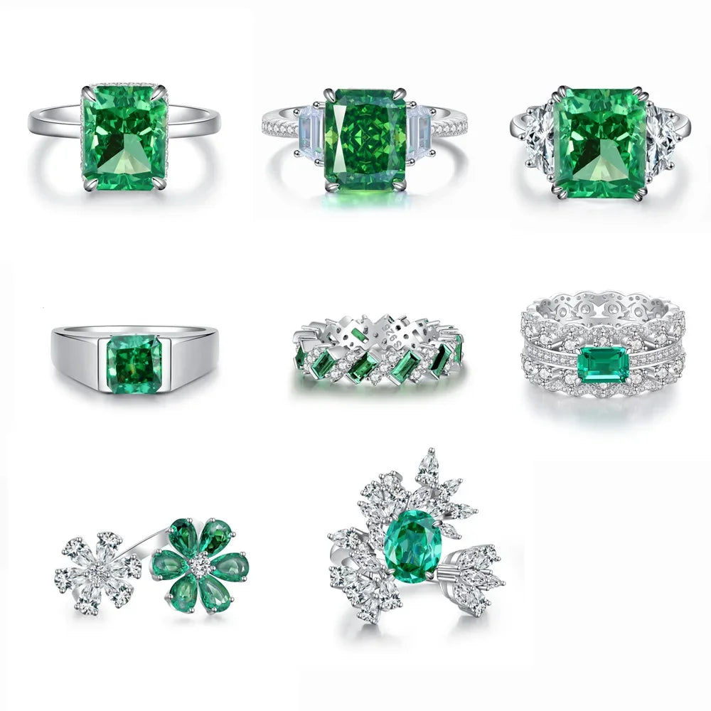 Women's Emerald Ring with High Carbon Diamond & 5A Zircon Pure S925 Silver Ice Flower Cut Wood Color Scheme Jewelry