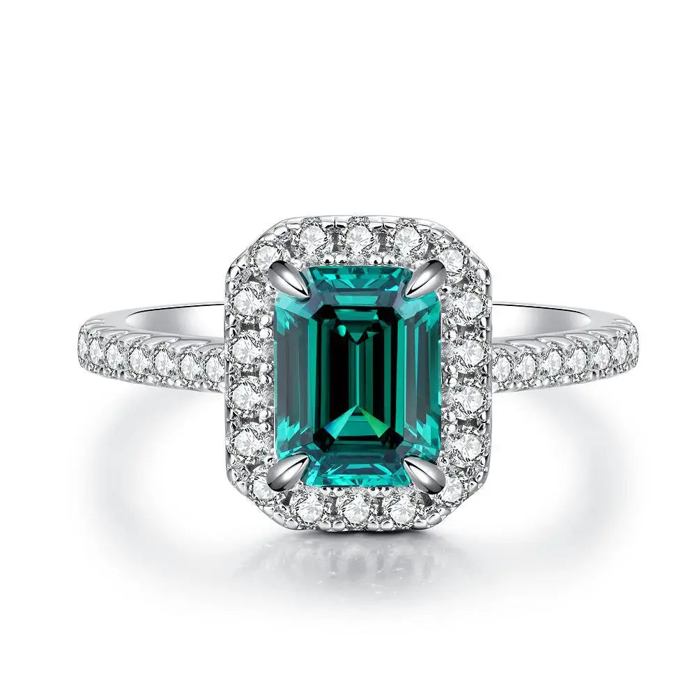 Women's Emerald Ring with High Carbon Diamond & 5A Zircon Pure S925 Silver Ice Flower Cut Wood Color Scheme Jewelry