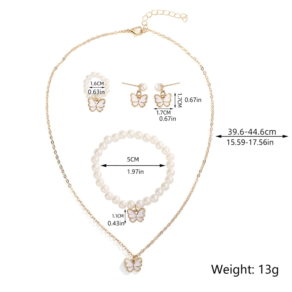 4 Set Butterfly Ring Pendant Necklace Bracelet Earrings Set for Women Girls Simulated Pearl Gold Jewelry Trendy Cute Sweet Gifts