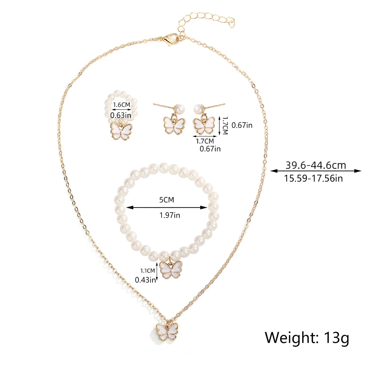4 Set Butterfly Ring Pendant Necklace Bracelet Earrings Set for Women Girls Simulated Pearl Gold Jewelry Trendy Cute Sweet Gifts