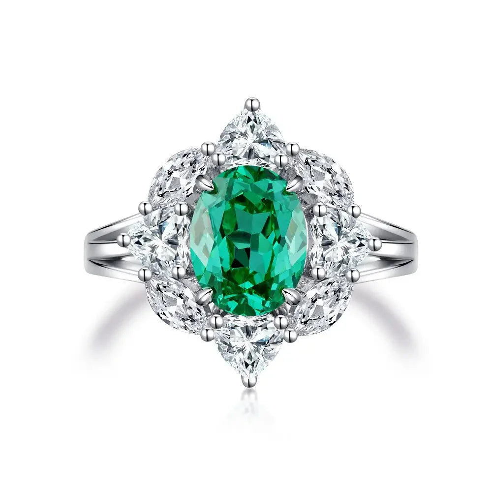 Women's Emerald Ring with High Carbon Diamond & 5A Zircon Pure S925 Silver Ice Flower Cut Wood Color Scheme Jewelry