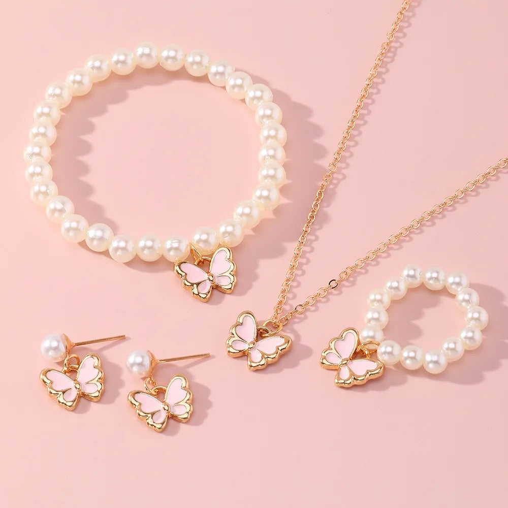 4 Set Butterfly Ring Pendant Necklace Bracelet Earrings Set for Women Girls Simulated Pearl Gold Jewelry Trendy Cute Sweet Gifts