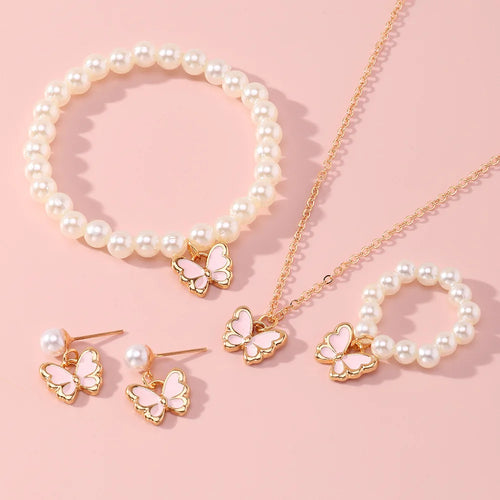 4 Set Butterfly Ring Pendant Necklace Bracelet Earrings Set for Women Girls Simulated Pearl Gold Jewelry Trendy Cute Sweet Gifts