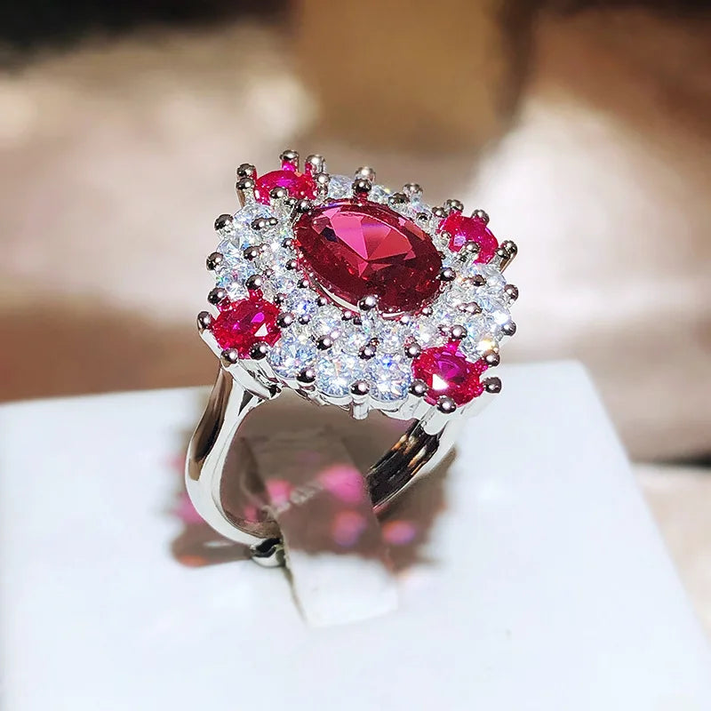 Vintage Ruby Rose Red Pendant Ring Crystal 925 Sterling Silver Long Jewelry for Wedding Gift to Girlfriend Luxury Geometric Zircon