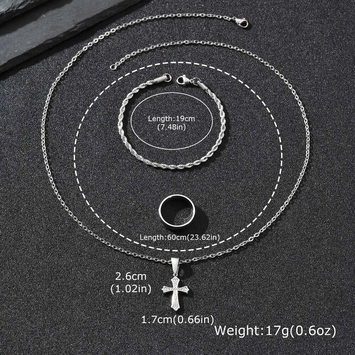 3pcs/set Men's Stylsh Cross Necklace Set,Stainless Steel Twistd Rope Chain Wristband,Cool Hip Hop Jewelry Set Gift