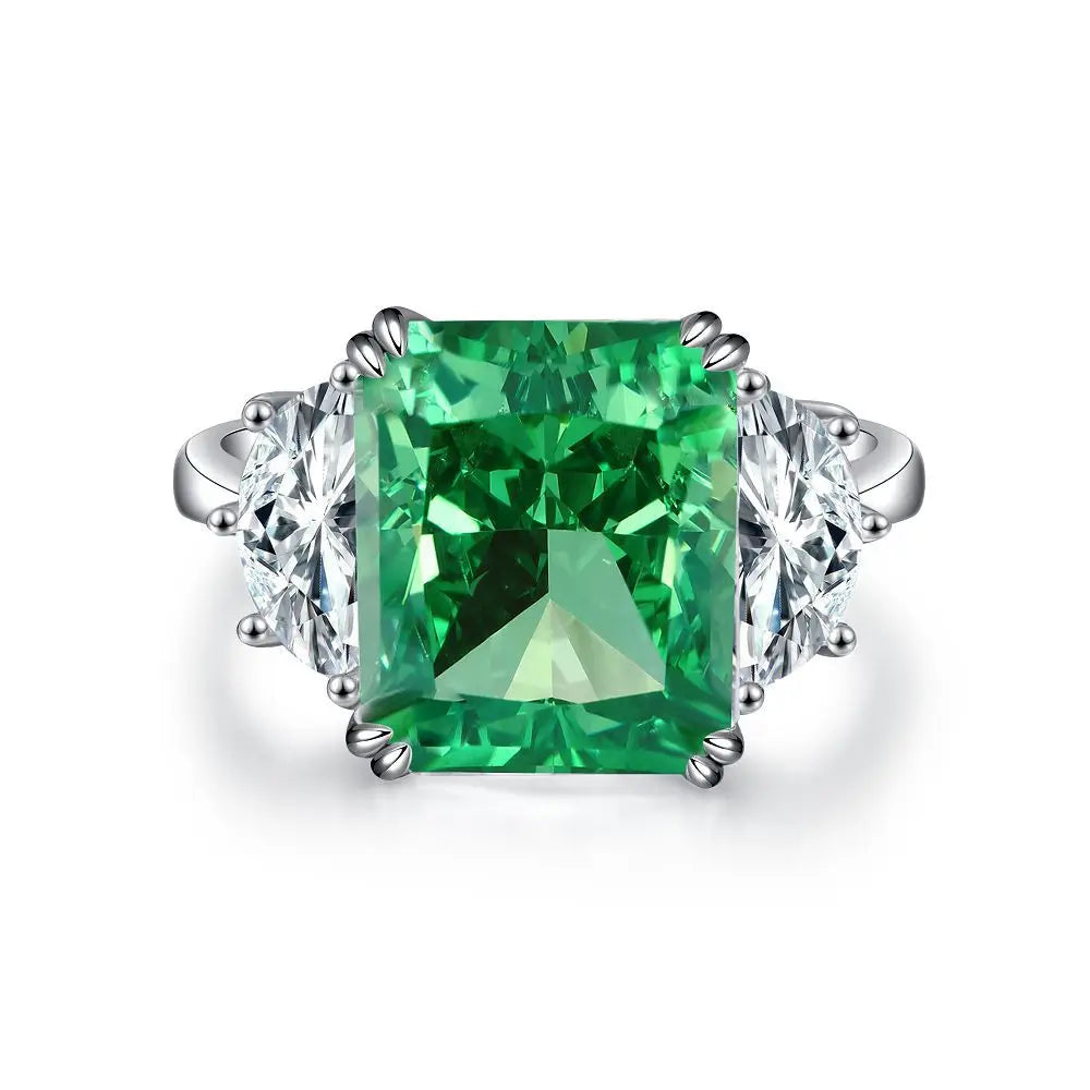 Women's Emerald Ring with High Carbon Diamond & 5A Zircon Pure S925 Silver Ice Flower Cut Wood Color Scheme Jewelry