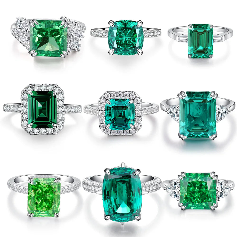 Women's Emerald Ring with High Carbon Diamond & 5A Zircon Pure S925 Silver Ice Flower Cut Wood Color Scheme Jewelry