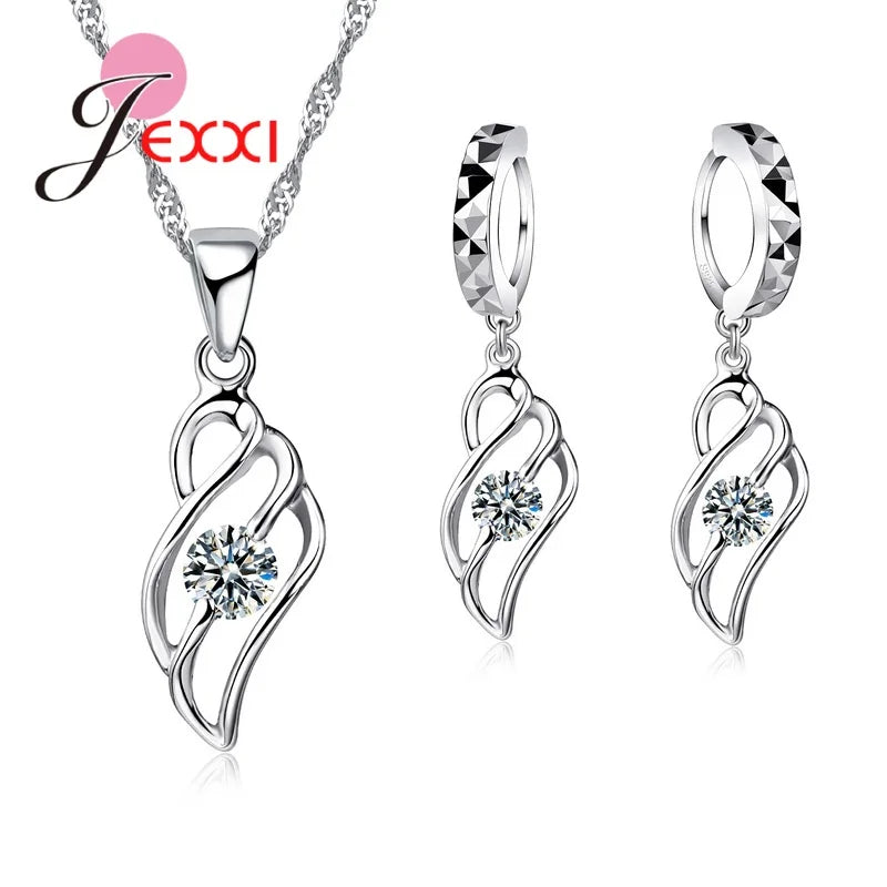 Vintage Trendy Female 925 Sterling Silver Jewelry Sets Women Gifts Fashion Cubic Zircon Crystal Necklace Drop Earrings Sets