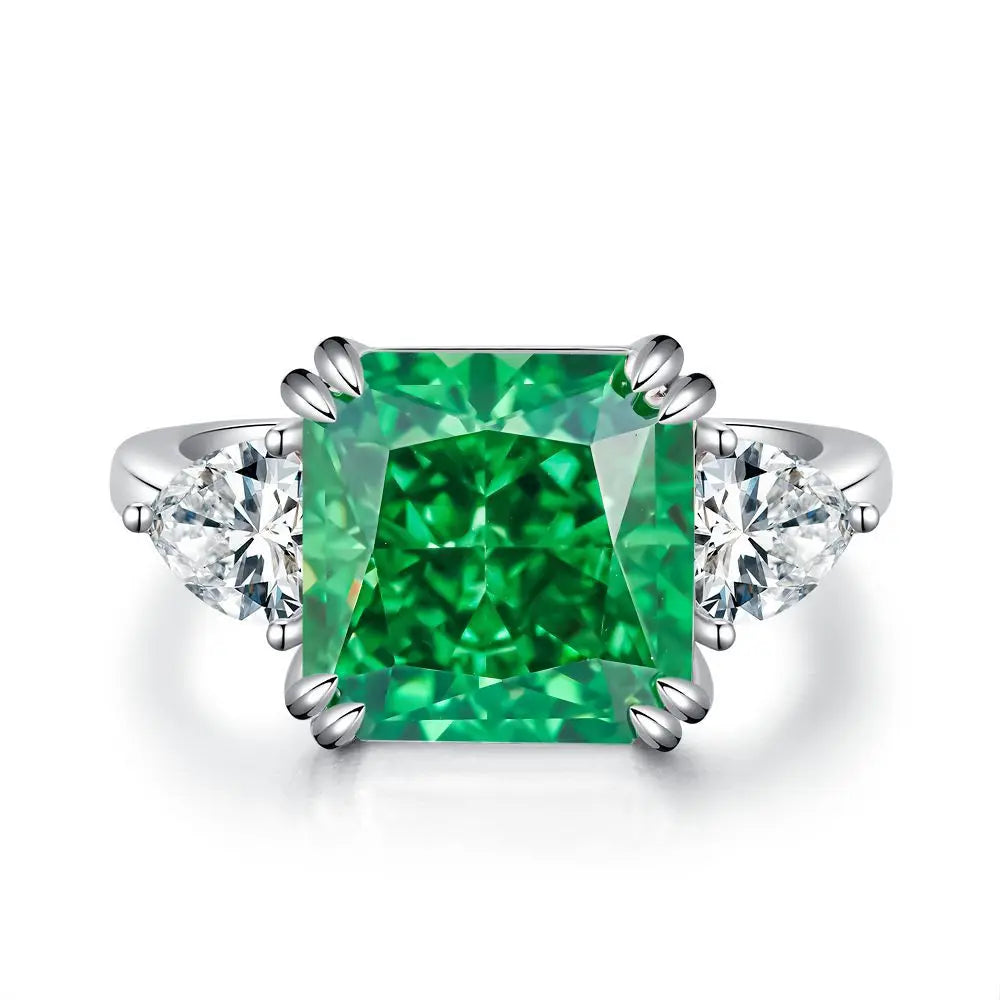 Women's Emerald Ring with High Carbon Diamond & 5A Zircon Pure S925 Silver Ice Flower Cut Wood Color Scheme Jewelry