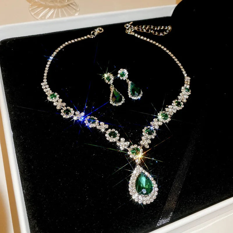 Water Drop Inlaid Rhinestone Earrings Necklace Set Light Luxury Fashion Pendant Necklaces Wedding Bride Jewelry Sets for Women