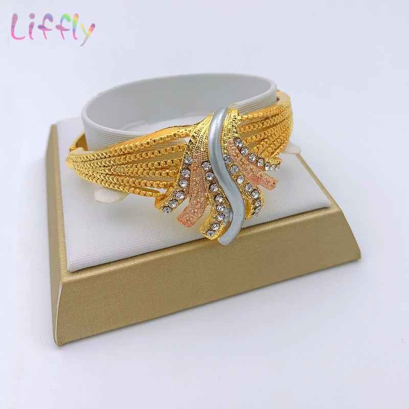 African Dubai 24k Gold Plated Choker Necklace Jewelry Set  for Women Bridal Wedding Crystal Bracelet Earrings Jewellery