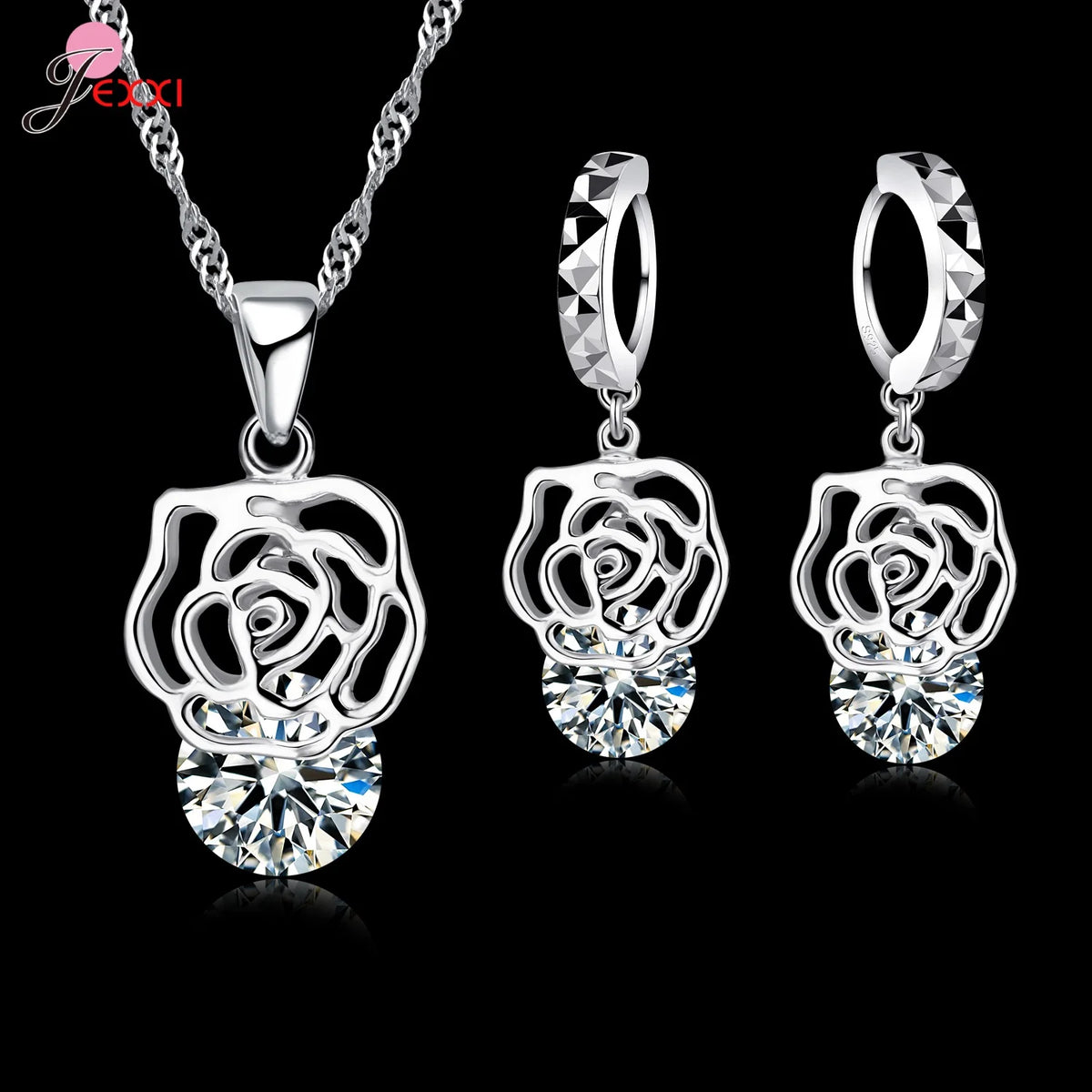 Vintage Trendy Female 925 Sterling Silver Jewelry Sets Women Gifts Fashion Cubic Zircon Crystal Necklace Drop Earrings Sets