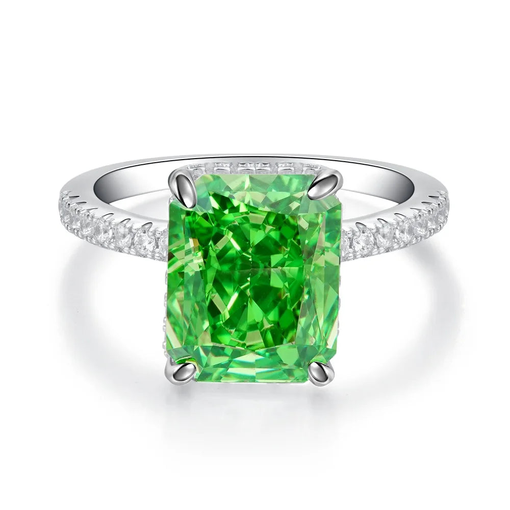 Women's Emerald Ring with High Carbon Diamond & 5A Zircon Pure S925 Silver Ice Flower Cut Wood Color Scheme Jewelry
