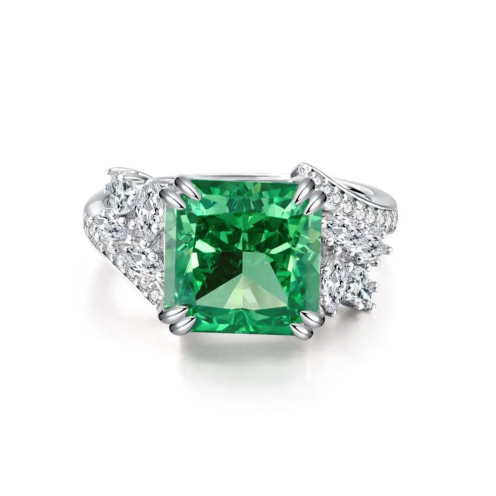 Women's Emerald Ring with High Carbon Diamond & 5A Zircon Pure S925 Silver Ice Flower Cut Wood Color Scheme Jewelry