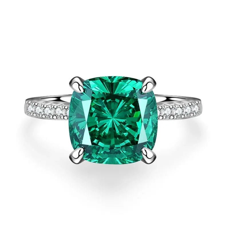 Women's Emerald Ring with High Carbon Diamond & 5A Zircon Pure S925 Silver Ice Flower Cut Wood Color Scheme Jewelry