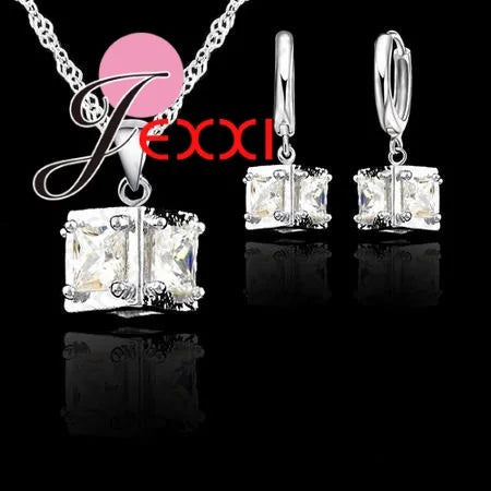 Vintage Trendy Female 925 Sterling Silver Jewelry Sets Women Gifts Fashion Cubic Zircon Crystal Necklace Drop Earrings Sets