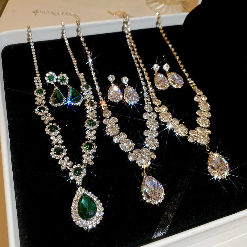Water Drop Inlaid Rhinestone Earrings Necklace Set Light Luxury Fashion Pendant Necklaces Wedding Bride Jewelry Sets for Women