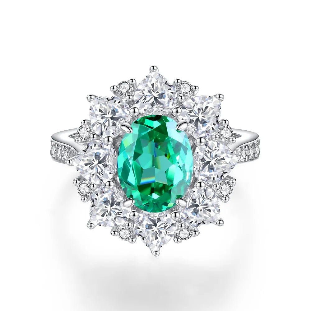 Women's Emerald Ring with High Carbon Diamond & 5A Zircon Pure S925 Silver Ice Flower Cut Wood Color Scheme Jewelry